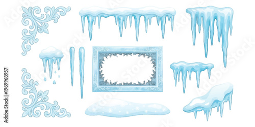 Set of realistic frozen icicles and snow borders for winter holiday decoration vector illustration isolated on white