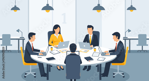 Business team meeting in modern office with professional people in formal wear sitting around table in bright minimalist interior for corporate