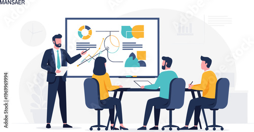 Business team meeting in modern office with presentation on screen in flat design for corporate branding
