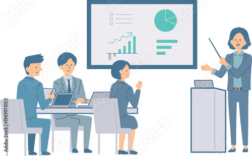 オンボーディング研修を受ける新入社員の全身イラスト