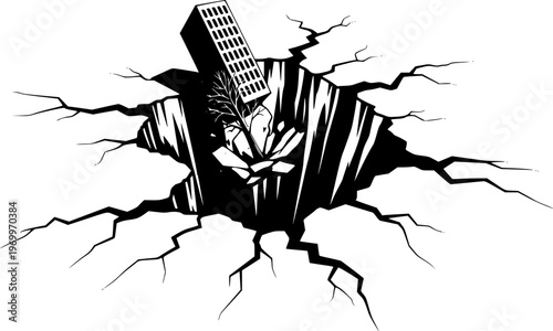 Earthquake Ground Crack Silhouette Destruction Ruin Disaster Seismology Black Vector