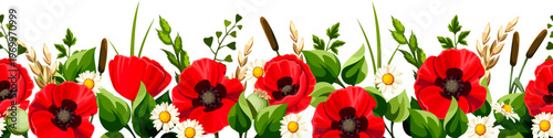 Horizontal seamless border with red poppy flowers, chamomile flowers, green grasses, and herbs. Vector floral background with wild flowers