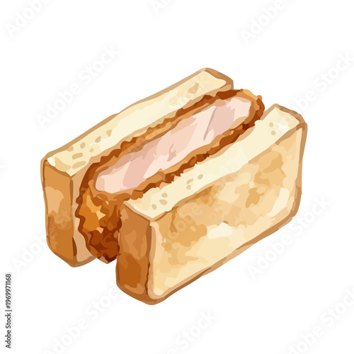 Watercolor-style Japanese pork cutlet sandwich illustration, juicy Tonkatsu sando ／ 水彩カツサンド
