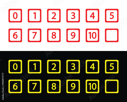 Colorful Number Icons Set 0-10 in Rounded Square Red and Yellow UI Design Light Dark Mode