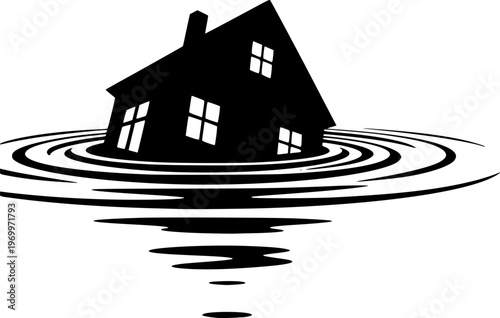 Flood Disaster Silhouette Rising Water Submerged House Weather Black Vector