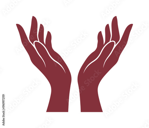 Cupped hands silhouette in maroon, open palms gesture of giving or receiving, spiritual prayer and healing hands vector icon