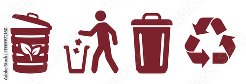 Maroon waste management icons set, recycling symbol and trash bin vector elements, person throwing garbage in litter bin, eco friendly disposal signs