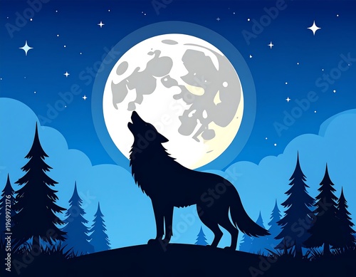 Silhouetted wolf howls at full moon in nighttime forest scene with stars and clouds
