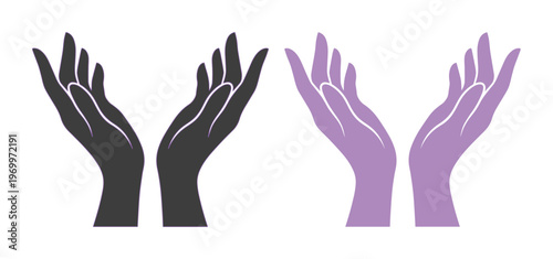 Cupped hands silhouette vector set, open human hands in prayer or receiving gesture, black and purple palm icons for spiritual and wellness branding
