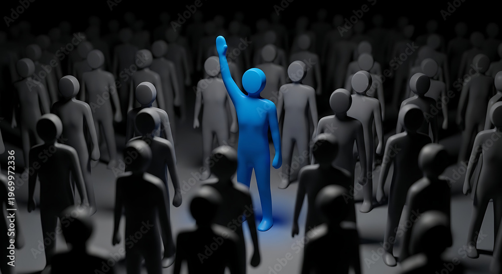 Fototapeta premium Standing Out From The Crowd A Unique Individual Leader With Raised Arm