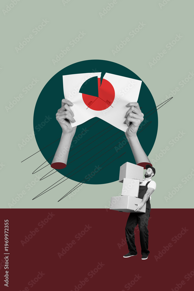 Obraz premium Trendy poster art collage of happy businessman businesswoman stand hands tear paper diagram icon percentage success opportunity
