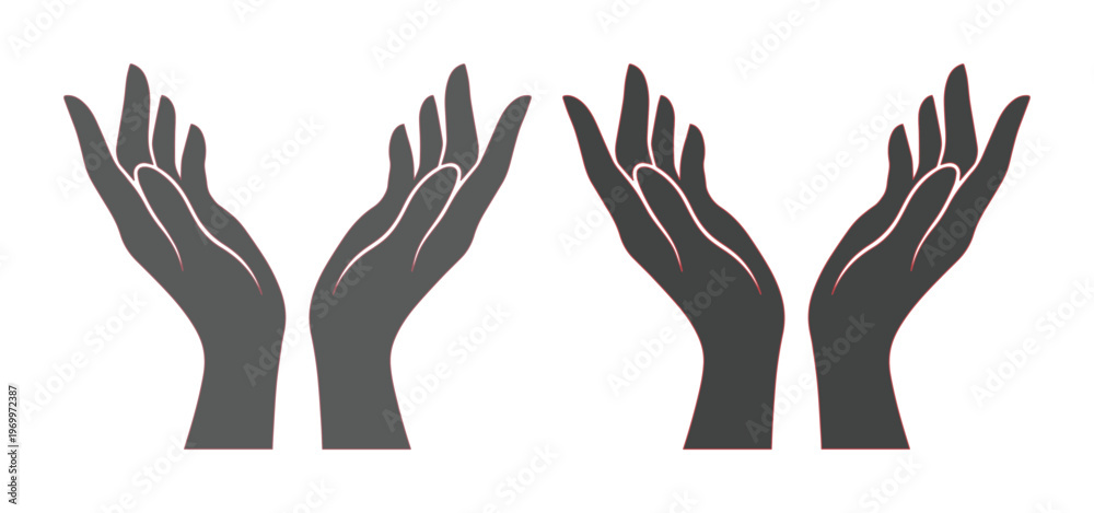 Fototapeta premium Cupped hands silhouette vector set, open palms reaching up in prayer or support, dark grey human hand gestures for charity and care concepts