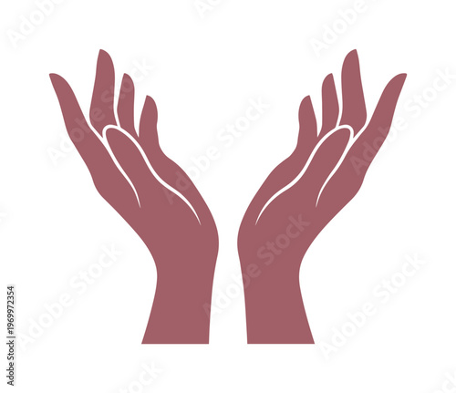 Minimalist cupped hands vector illustration, open palms reaching up in prayer or support, mauve silhouette of human hands for charity and wellness