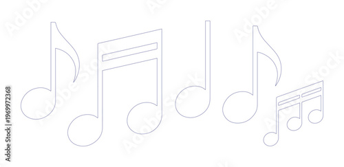 Minimalist music note icons with thin purple outlines, set of musical symbols and melody elements, clean linear vector illustration for audio apps