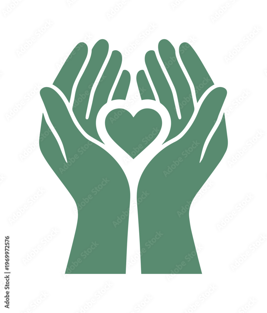 Obraz premium Green cupped hands holding heart icon, charity and care symbol vector, organic health and environmental protection concept illustration
