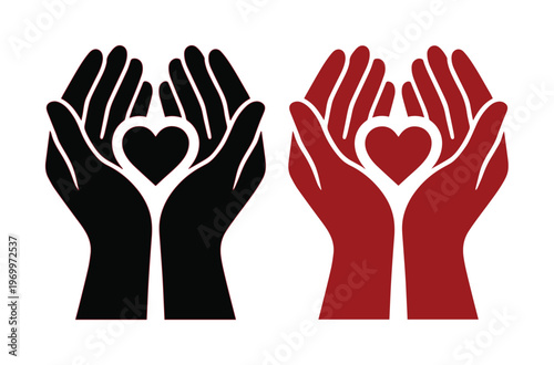 Cupped hands holding heart icon vector set, charity and compassion symbols in black and red, human palms protecting love sign for healthcare and donation