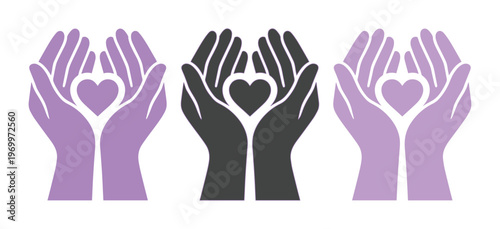 Charity heart in hands vector set, purple and black cupped hands holding heart icons, nonprofit donation and community care symbols