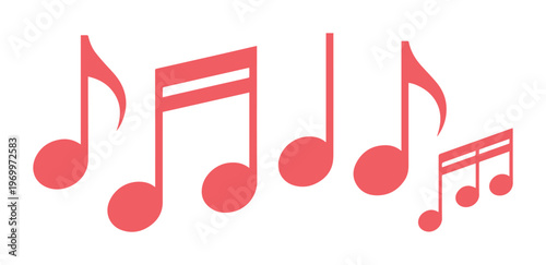 Pink music notes vector set, musical notation symbols for audio design, rhythmic melody icons on white background, coral pink song elements