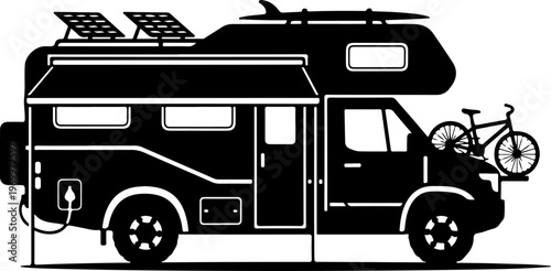 Camper van, motorhome, RV, solar panel, bicycle, vector illustration