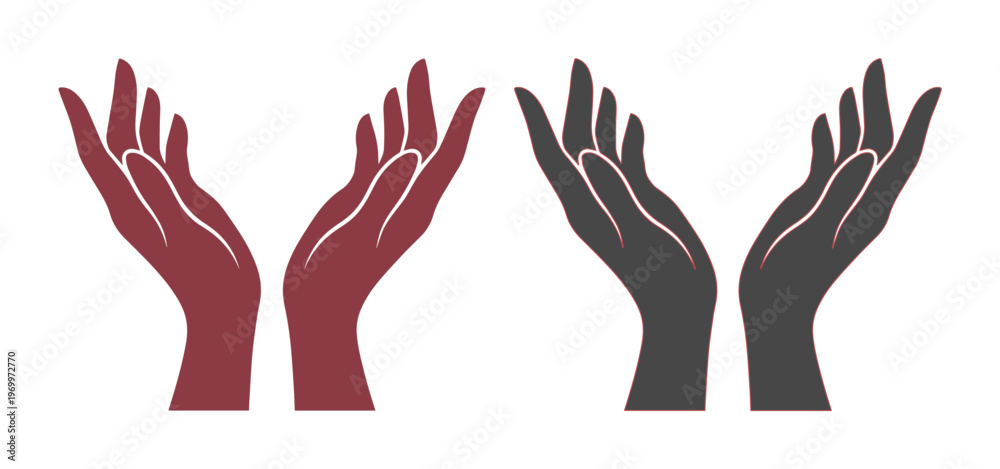 Fototapeta premium Cupped hands silhouette vector set, open palms reaching up in prayer or support, burgundy and charcoal gray hand icons for charity and hope