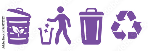 Purple waste management icons set, recycling symbol and trash bin vector elements, eco friendly garbage disposal signs for environmental sustainability