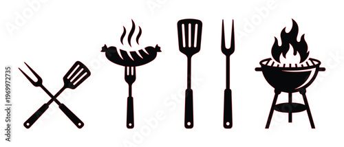 Barbecue grill icon set with spatula and fork, black silhouette BBQ tools and equipment, grilled sausage on fork with fire flame, vector illustration