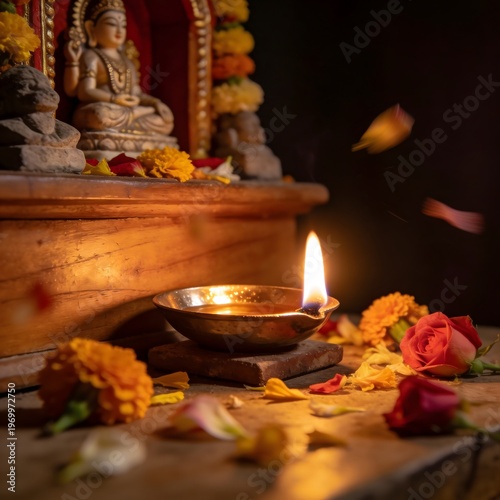 Indian Home Temple with Diya Light and Spiritual Atmosphere