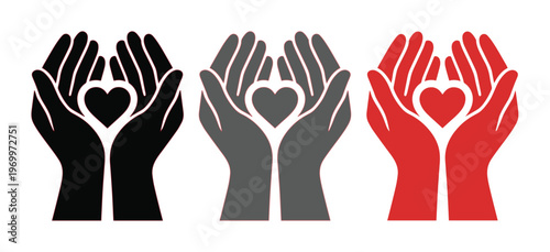 Minimalist heart in hands vector icons, charity and donation symbols in black grey and red, set of 3 cupped hands holding heart shapes for healthcare