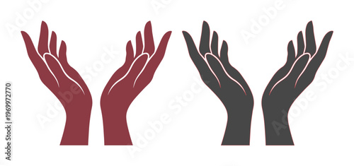 Cupped hands silhouette vector set, open palms reaching up in prayer or support, burgundy and charcoal gray hand icons for charity and hope