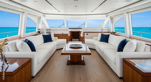Luxury Yacht Interior with Comfortable Seating and Ocean Views.