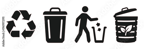 Minimalist waste management icon set, black recycle symbol and trash bin silhouettes, eco-friendly garbage disposal vector graphics for signage