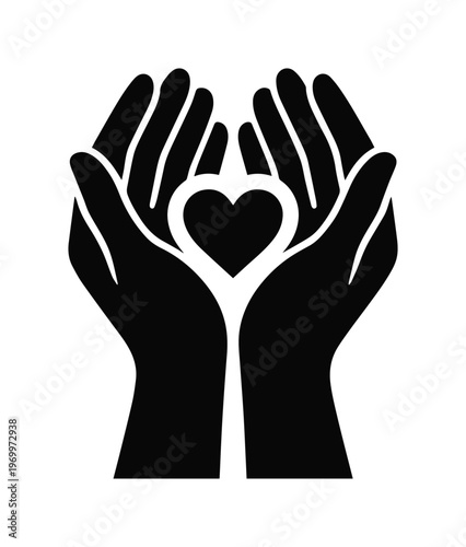 Minimalist heart in hands vector icon, black silhouette of cupped hands holding a heart shape, charity and love symbol for non-profit branding