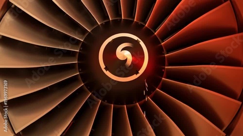 Close-up of a spinning jet engine turbine with glowing orange blades and sparks.