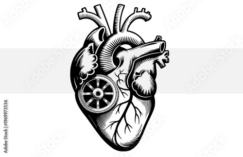 Anatomical heart with gear, steampunk mechanical heart, medical engineering concept, vintage engraving style vector, black and white industrial organ illustration