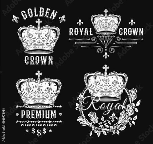 Set of black and white labels with imperial crown, jewelry chains, roses, text. Detailed composition in vintage style on black background