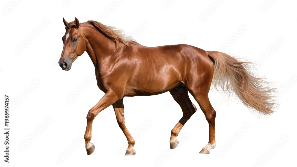 Fototapeta premium Chestnut equine gracefully stepping, displaying muscular form and flowing mane