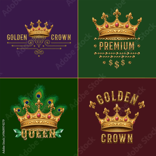 Set of luxury labels with golden crown, jewelry gold chains, text. Detailed composition in vintage style.