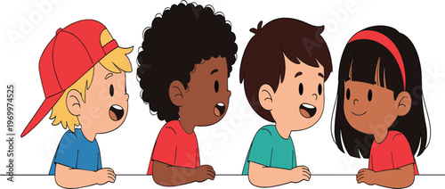 Diverse group of kids talking together multicultural children friendship communication cartoon vector illustration