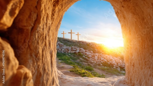 View from inside an empty cave looking towards a vibrant sunrise and three crosses on a morning representing easter hill