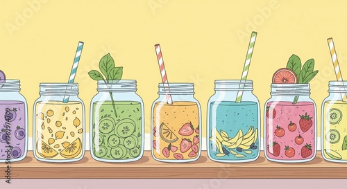 Line of Colorful Fruit Smoothies in Glass Jars with Straws