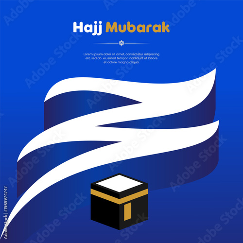 Modern Hajj Mubarak square poster featuring a minimalist 3D Kaaba icon with bold abstract blue and white waves on a vibrant blue background.