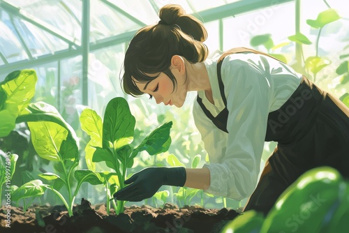 Young asian female tending plants in greenhouse