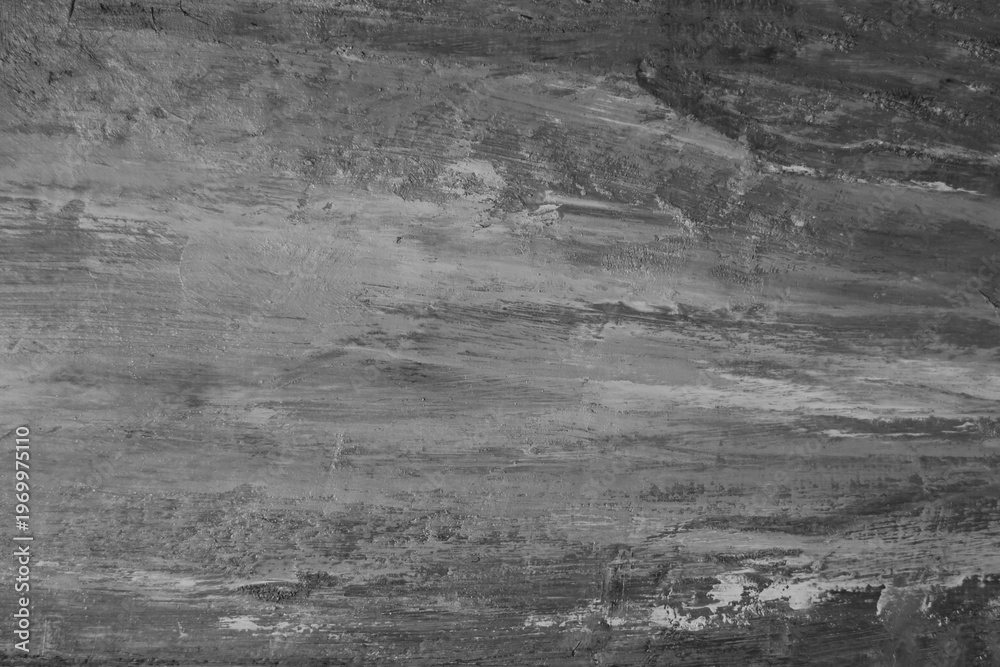 Fototapeta premium Closeup detail of abstract rough dark grey gray beige black art painting texture with oil acrylic brushstroke pallet knife paint on canvas geometric spatula technique with curves chaos messy lines.
