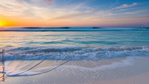 Golden Sunset Over Tropical Ocean Waves and Sandy Beach
