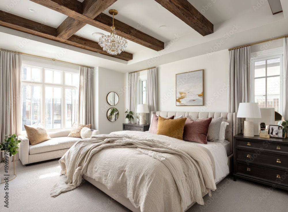 Fototapeta premium Spacious, luxurious bedroom with a large bed, window seating, and wooden ceiling beams