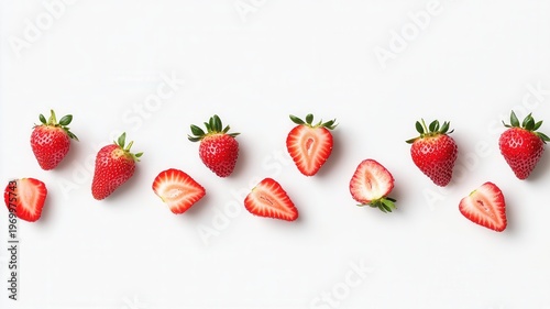 Scattering fresh red strawberries and juicy fruit slices on a white background, healthy eating and concept summer