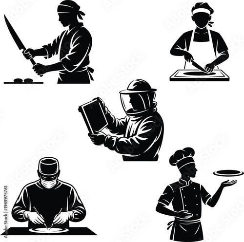 Various professional occupation silhouettes vector illustration set showing diverse roles from medicine to culinary and beekeeping graphic design.