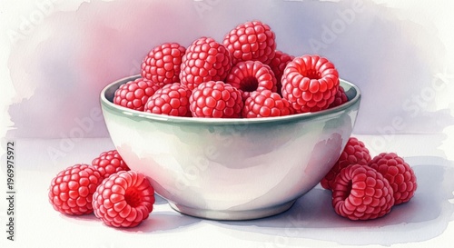 Bowl Full of Fresh Raspberries on White Table Still Life