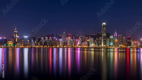 Hong Kong Skyline at Night with Reflections in Water