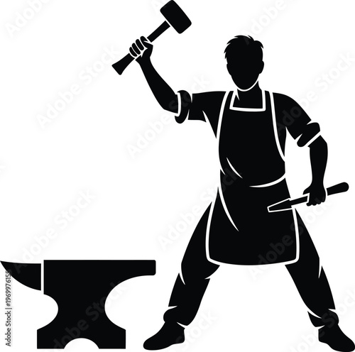Craftsman silhouette vector illustration depicting a man in an apron holding a hammer and chisel working with an anvil.